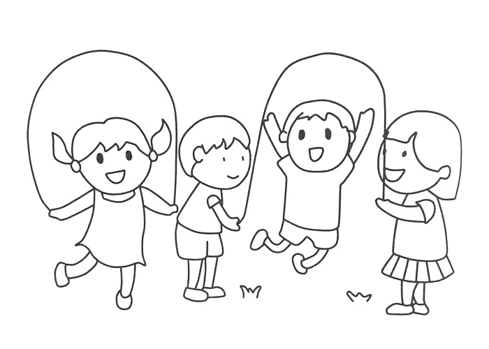 4位小朋友在一起做跳繩游戲的簡筆畫圖片