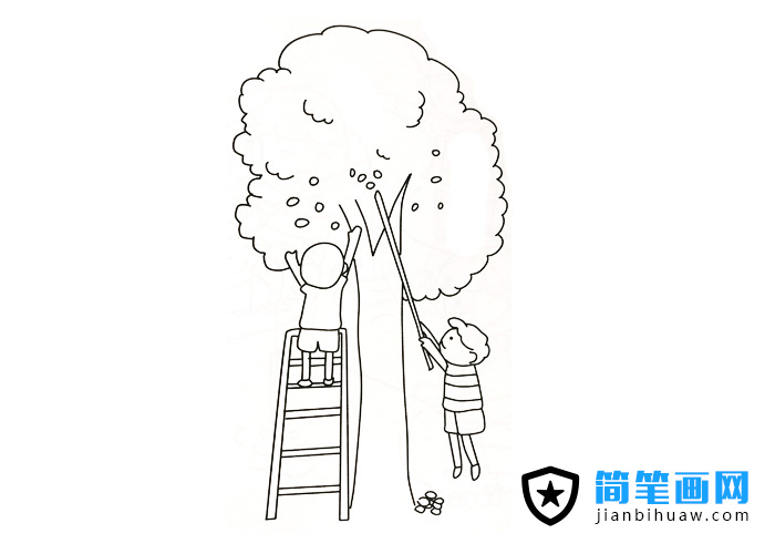 兩個(gè)小孩子在摘果子的簡(jiǎn)筆畫(huà)圖片