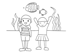 兩位小朋友在水族館游玩的簡(jiǎn)筆畫(huà)圖片