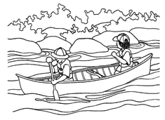 兩位探險者在野外劃船的簡筆畫圖片