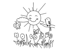 大太陽下鳥語花香的美麗場景簡筆畫