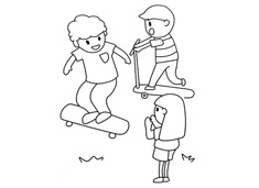 三個小朋友在玩滑板車的簡筆畫圖片