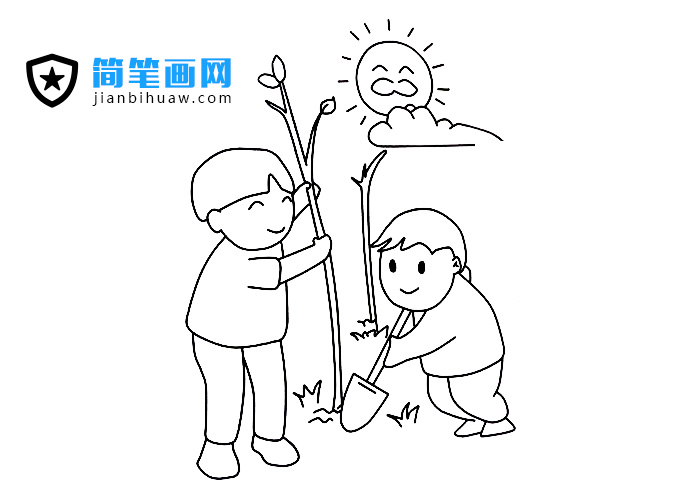 兩位小朋友在植樹(shù)的簡(jiǎn)筆畫(huà)圖片