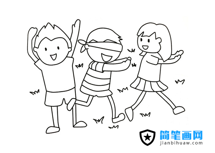三位小朋友在玩捉迷藏游戲的簡筆畫圖片