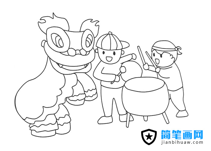 敲鑼打鼓舞獅的簡(jiǎn)筆畫圖片