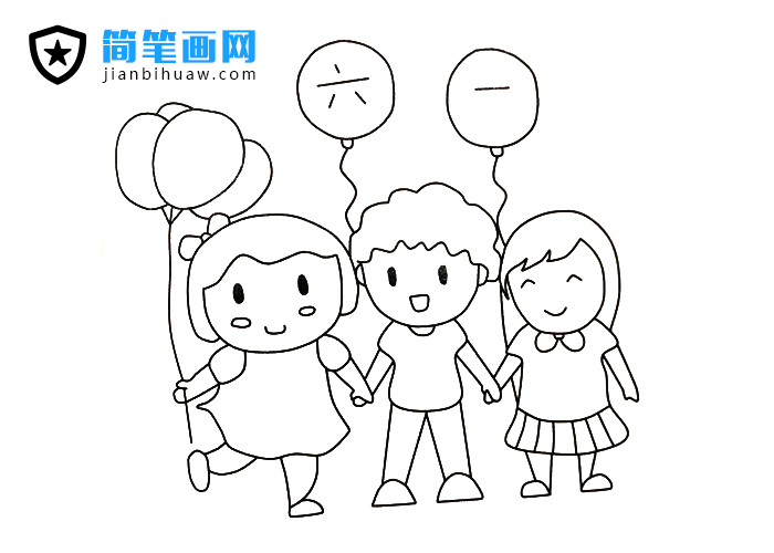 三個小朋友六一兒童節(jié)玩氣球的簡筆畫圖片