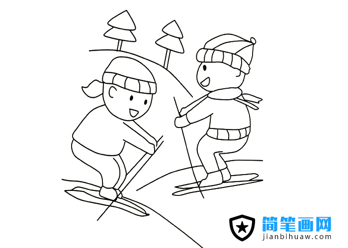 兩位小朋友在滑雪的簡(jiǎn)筆畫圖片