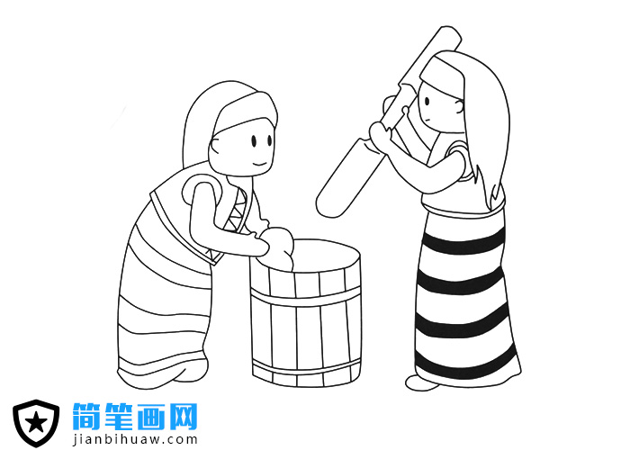 兩個(gè)少數(shù)民族人民在制作美食的簡筆畫圖片