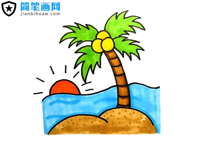 海邊日出椰樹風(fēng)景簡(jiǎn)筆畫含上色圖片