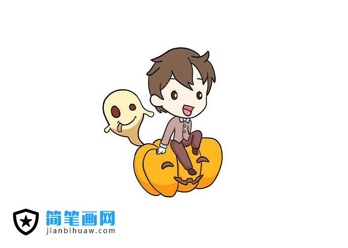 坐在萬圣節(jié)南瓜上的男孩簡筆畫圖片
