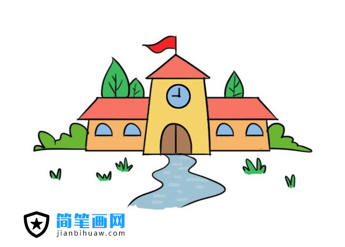 小學(xué)學(xué)校教學(xué)樓簡(jiǎn)筆畫圖片含上色