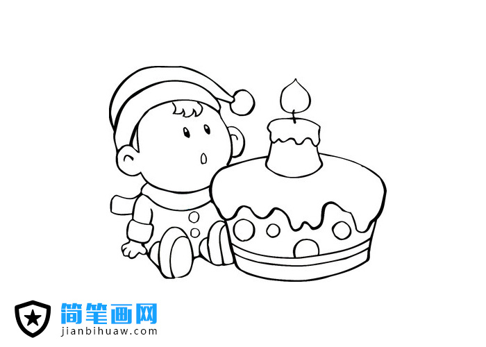 小寶寶坐在蛋糕旁邊的簡(jiǎn)筆畫(huà)圖片