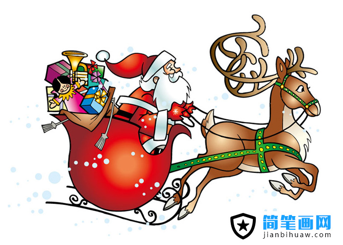圣誕節(jié)圣誕老人駕著馴鹿雪橇車(chē)送禮物的簡(jiǎn)筆畫(huà)圖片