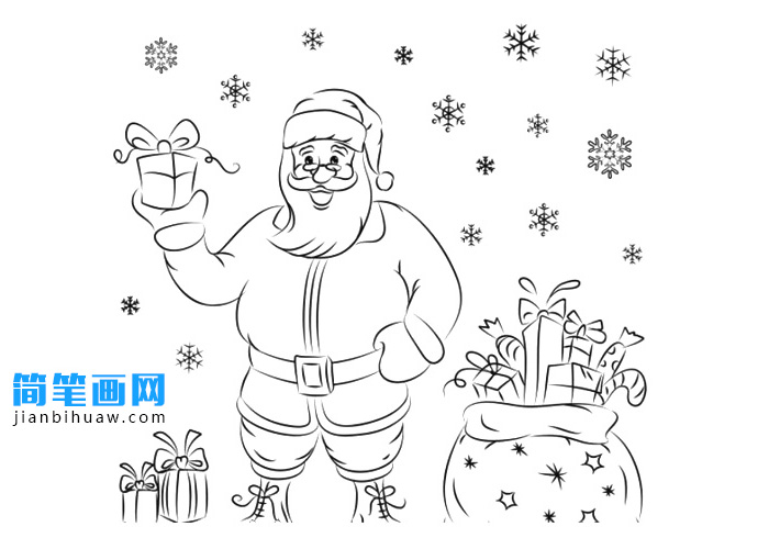 雪花飛舞的天氣圣誕老人送禮物的簡筆畫圖片
